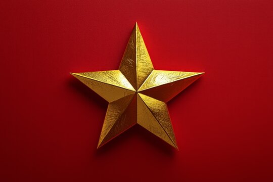 Fototapeta Golden five-pointed star on vibrant red background. Subtle lighting creates shadow, enhancing depth and dimension. Perspective is centered. Neural network AI generated