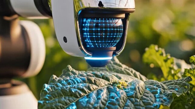 AI-powered robot scanning crop leaves for disease detection, close-up cinematic, 4K ultra clarity