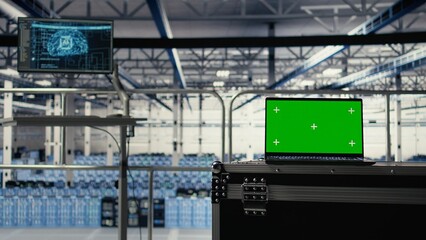 Artificial intelligence technology on green screen notebook in high tech data center. Machine learning tech on mockup laptop in server room handling queries using hardware rigs