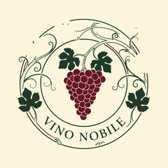 Circular emblem featuring grapes, leaves, and a decorative scroll border. Text states "VINO NOBILE