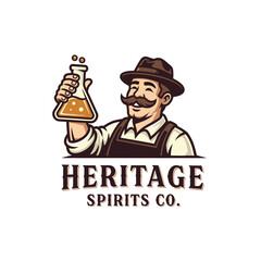 A smiling man with a hat, mustache, and beaker holding amber liquid. "HERITAGE SPIRITS CO.