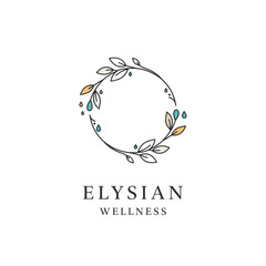 A circular illustration of a floral wreath, with leaves, and colorful droplets, and accompanying text