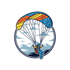 A person with a colorful parachute flying over mountains and clouds. It is inside of a circle
