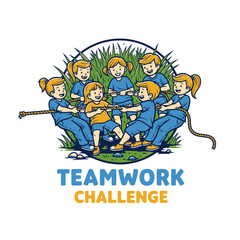 Group of children in a tug-of-war competition. Graphic depicts teamwork challenge