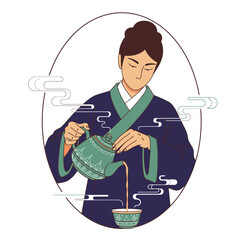 A figure pours from a teal teapot into a teacup within a circle, with stylized cloud elements
