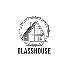 A stylized black and white illustration of a modern house, framed within a geometric design, text below