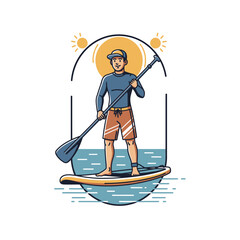 A person paddles on a surfboard in a sunny scene, using a long paddle, with the sun behind them