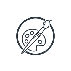 Stylized emblem features a paintbrush, palette, and a circular outline against a white backdrop