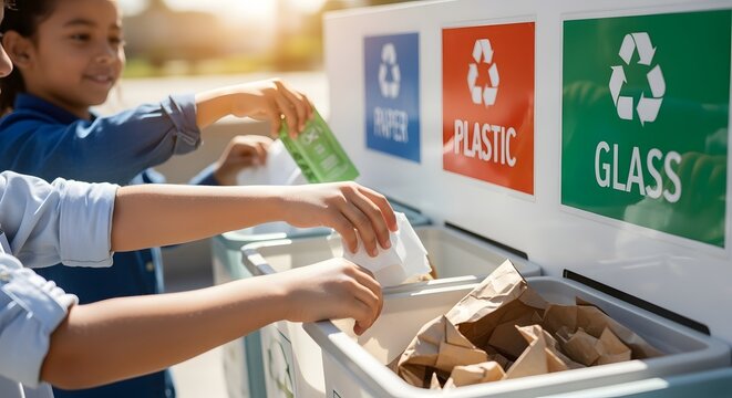 Close-up of children hands sorting recyclable items into labeled bins for paper, plastic, and glass at a school recycling station.