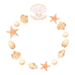 Watercolor Frame with Seashells and Starfish.