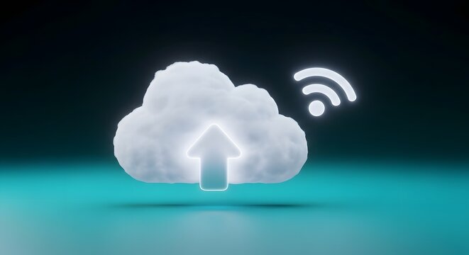 Cloud computing with wifi connection and upload arrow on a blue background - Powered by Adobe