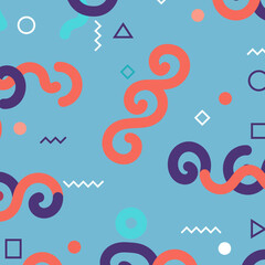 Vibrant Abstract Swirl Pattern on Blue Background with Geometric Shapes