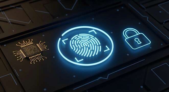 A fingerprint scanner with a padlock on a dark, futuristic background - Powered by Adobe