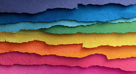 Colorful background with ripped paper strips in vibrant hues creates lively and dynamic visual effect. Perfect for creative projects