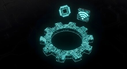 A glowing gear, chip, and wifi symbol with circuit patterns on a black background