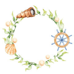 Watercolor Marine Frame With Seaweed and Seashell for Card, Invitation.