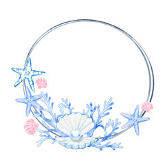 Watercolor Sea Frame of Coral, Starfish, and Pearl. 