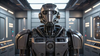 Sleek robot humanoid mechanical technology industry futuristic metal torso and android suit standing industrial corridor with wired chest camera - Powered by Adobe