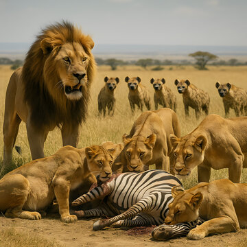 Male lion guards zebra kill as lionesses feed while hyenas approach across savanna