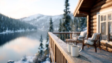 Rustic wooden cabin terrace with coffee mugs overlooking snowy mountains and lake, cozy winter retreat atmosphere