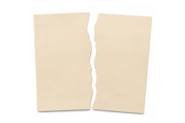 Torn blank beige paper showing two separate pieces on transparent background, concept of division and severance
