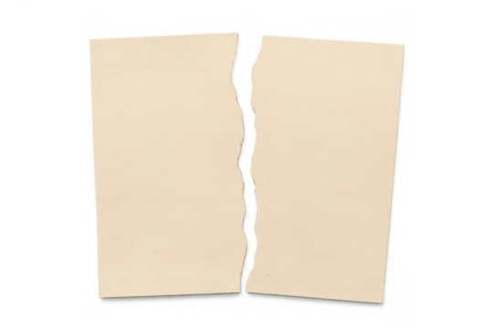 Torn blank beige paper showing two separate pieces on transparent background, concept of division and severance