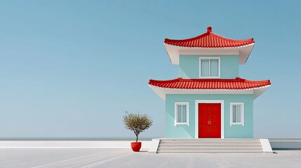Aqua Blue Pagoda Style Building With Red Roof and Red Doors Set Against a Clear Blue Sky With a Small Tree in a Red Pot on the Left Side