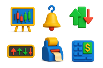 3D Stock Trading Icons. 3D icon set of stock trading tools: candlestick chart board, market bell on hook, buy-sell arrow toggle,