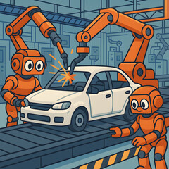 AI robots making cars in a factory