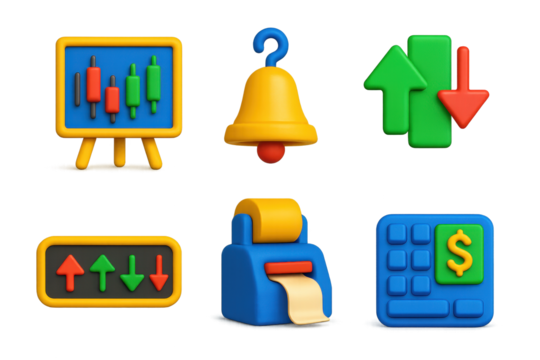 3D Stock Trading Icons. 3D icon set of stock trading tools: candlestick chart board, market bell on hook, buy-sell arrow toggle,