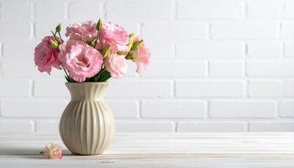 A serene display: Pink lisianthus flowers in a vase against a textured brick wall no commas