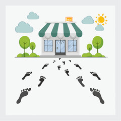 Footprints lead to the entrance of a charming Store on a Sunny Day