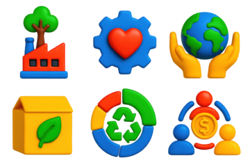 3D CSR Icon Set. 3D icon set of corporate social responsibility: tree growing from factory, heart inside gear, hands holding globe