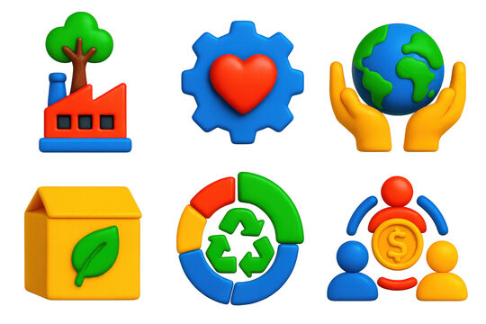 3D CSR Icon Set. 3D icon set of corporate social responsibility: tree growing from factory, heart inside gear, hands holding globe