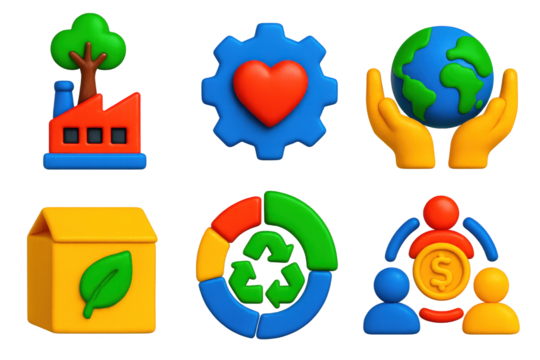 3D CSR Icon Set. 3D icon set of corporate social responsibility: tree growing from factory, heart inside gear, hands holding globe