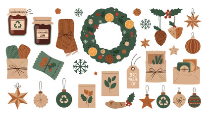 Festive collection of Christmas ornaments, gifts, and decorations, arranged on a white background.