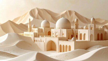 Architectural Marvel: Sandcastle-like Structure Amidst Desert Dunes in Soft Light