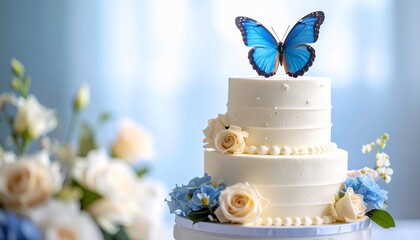 Elegant multi-tiered cake with butterfly, flowers, and gentle pastel background imagery