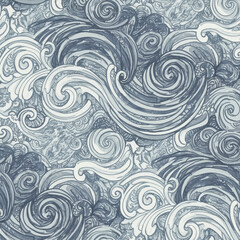 Whimsical Storm Swirling Wave Pattern in Muted Blue Tones