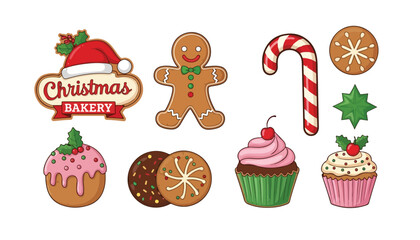 Christmas themed illustration featuring a bakery logo with a Santa hat, gingerbread man, candy cane, and various festive cupcakes and cookies.