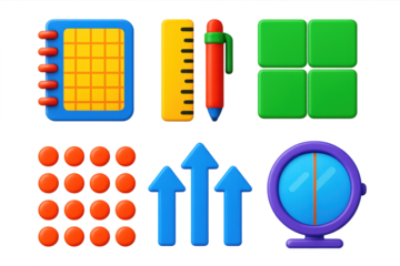 Neatness 3D Icons. 3D icon set of neatness and alignment metaphors: grid notebook page, ruler and pen, tiles in perfect fit,