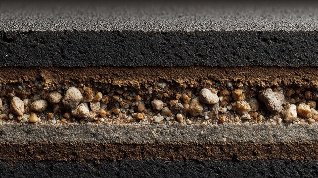 Cutaway of asphalt road layers, showcasing the construction materials used. It's useful for illustrating infrastructure, construction, or geological concepts.