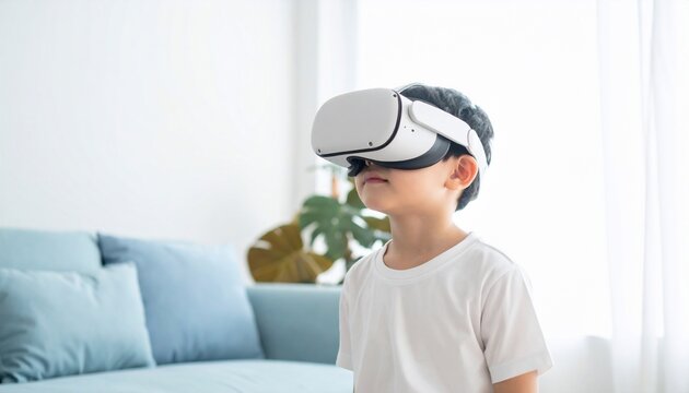 A Young Boy Immersed in a Virtual Reality Experience using VR Headset at Home - Powered by Adobe