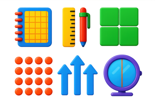 Neatness 3D Icons. 3D icon set of neatness and alignment metaphors: grid notebook page, ruler and pen, tiles in perfect fit,