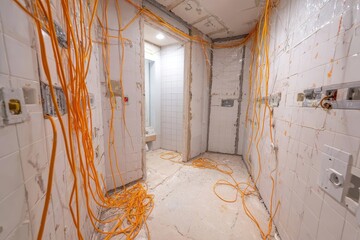 Indoor room with electrical wiring renovation, unfinished tile and open wall sockets. It showcases construction, remodeling, or the importance of electrical safety.