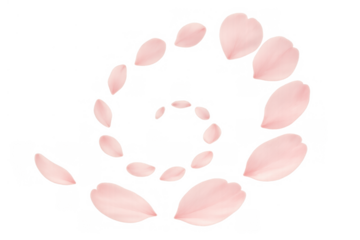 Pink cherry blossom petals forming a swirling spiral pattern, creating a delicate spring movement on transparent background
