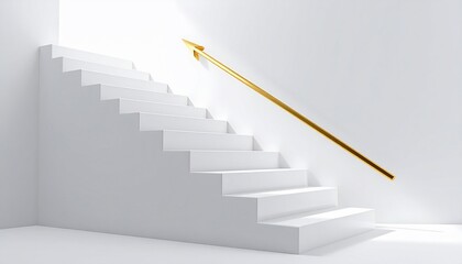 Conceptual image of white stairs with golden arrow handrail representing progress and direction
