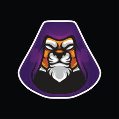 Mystic hooded tiger – symmetrical orange face with white beard and intense eyes in bold fantasy emblem for gaming, stealth, and villain-themed branding.