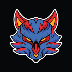 Mythical feline beast – blue-red face with yellow eyes, fiery ears, and symmetrical design for fantasy, gaming, and vibrant mascot branding.