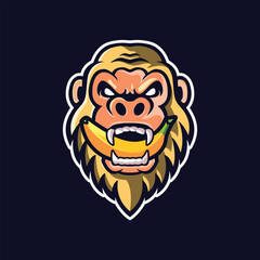 Savage gorilla mascot – tan-brown head with sharp fangs and yellow banana bite in bold cartoon design for gaming, sports, and primal branding.